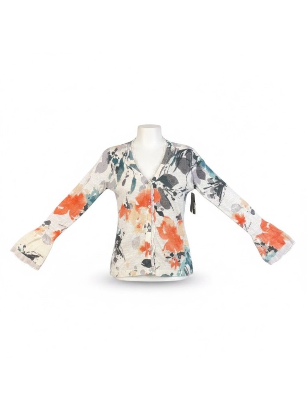 Jones New York Womens Multicolor Linen Blend Floral Knit Cardigan Size S